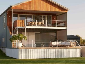 2 storey modern house with chairs and furniture on the decks