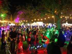 An evening event in a park with different lights and people enjoying different attractions.