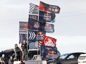 Flags of brands like Redbull, Holden, Mobil 1 on poles with cars and people standing around