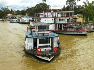 Multiple houseboats anchored on the bank